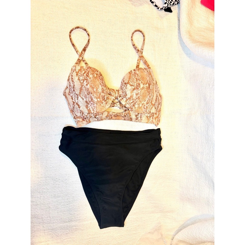 2 pc swim set - Knot-Front Cut Out Bikini Top & Black High Rise High Cut Bikini